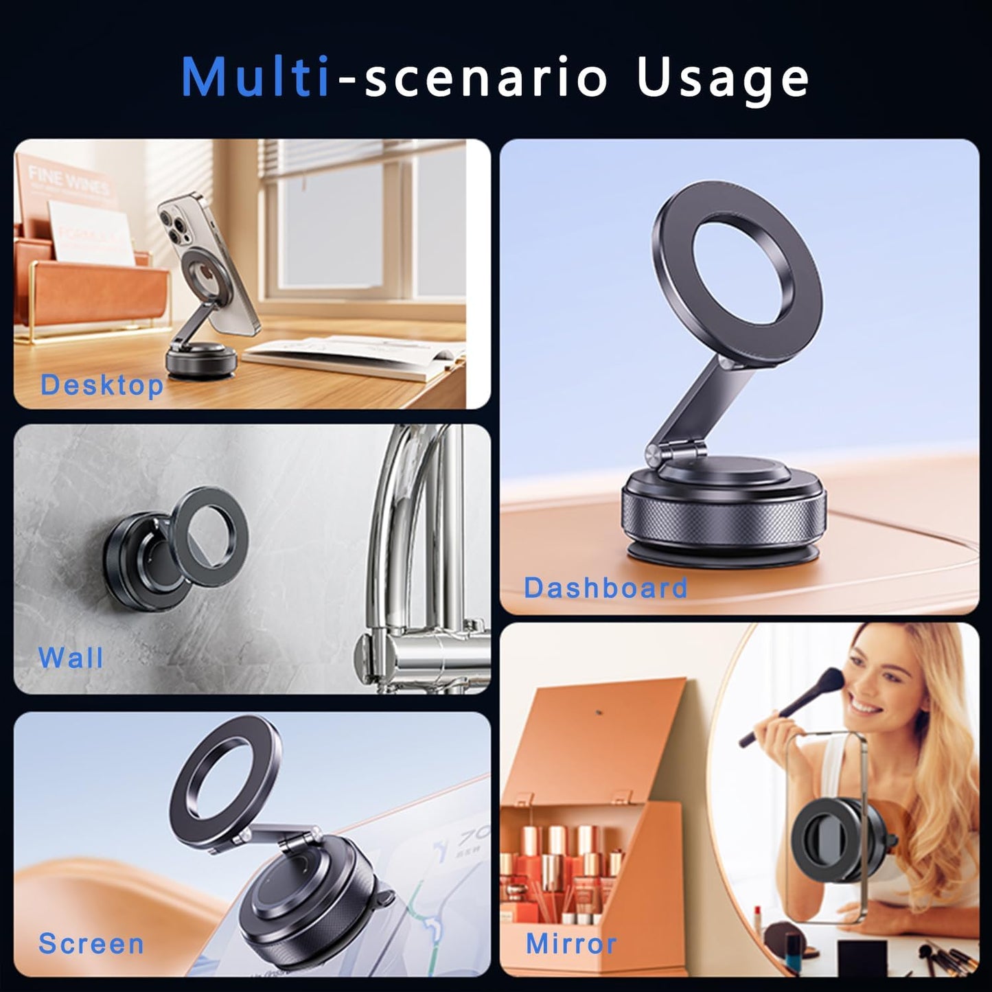 360° Rotation Vacuum Magnetic Phone Holders for Your Car, Foldable Suction Cup Phone Mount for Garmin GPS/Gym/Mirror, Adjustable Magnetic Phone Stand for Magsafe iPhone 16 Pro Max 15